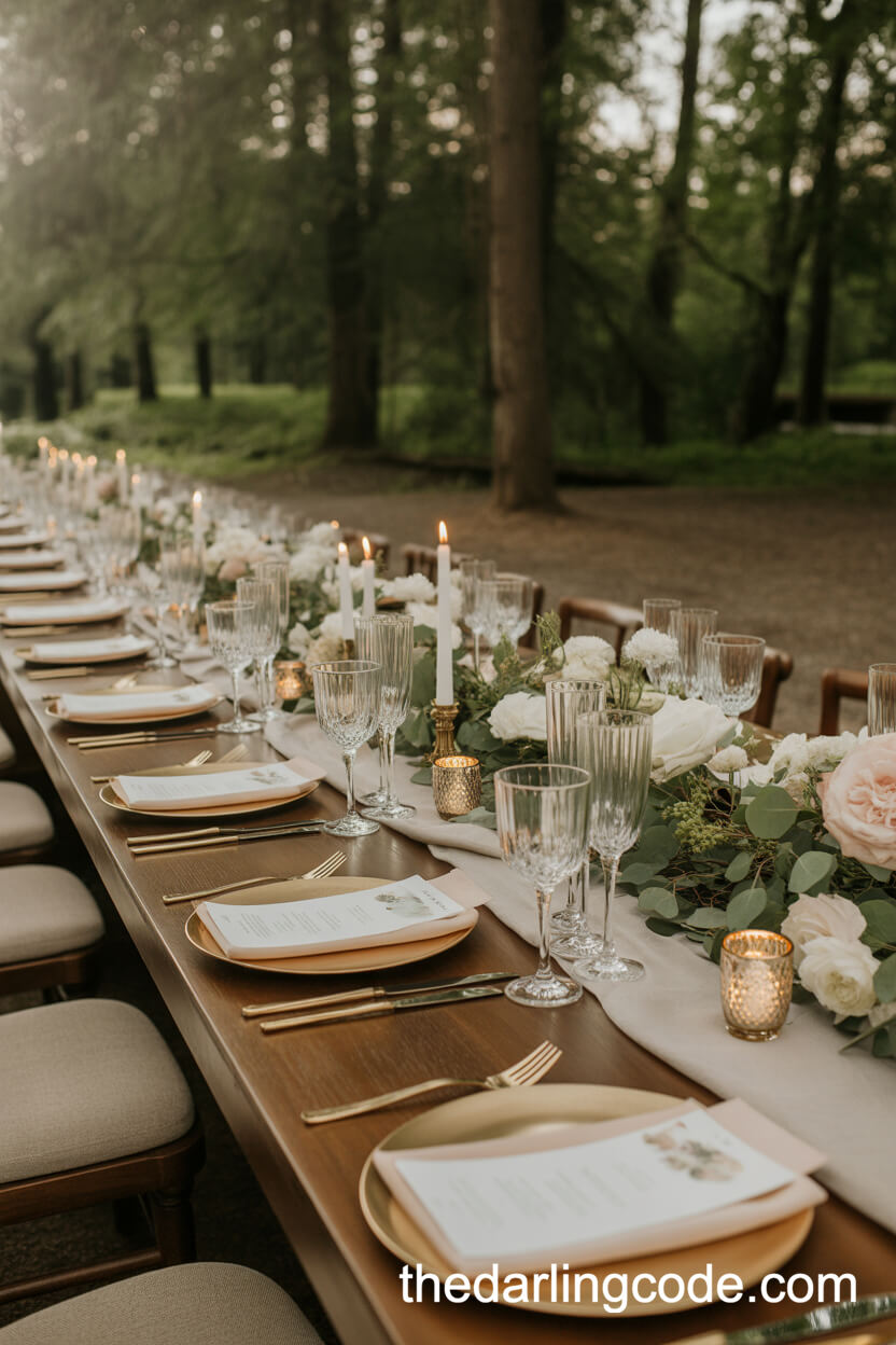 Elegant Long Table Reception In A Forest Setting