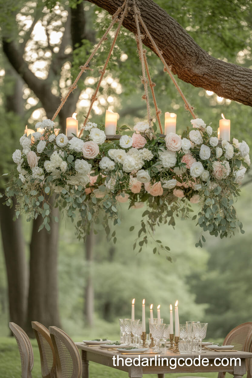 Floral Chandelier Over The Forest Wedding Dining Area