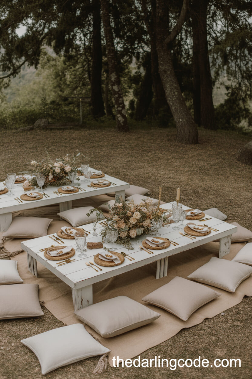 Elegant Picnic-Style Reception Setup Among The Trees