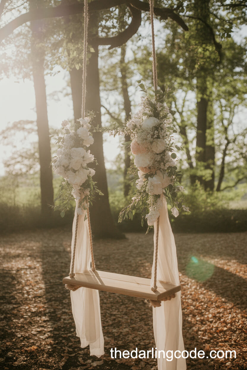 Floral-Decorated Swing For Enchanting Forest Wedding Photos