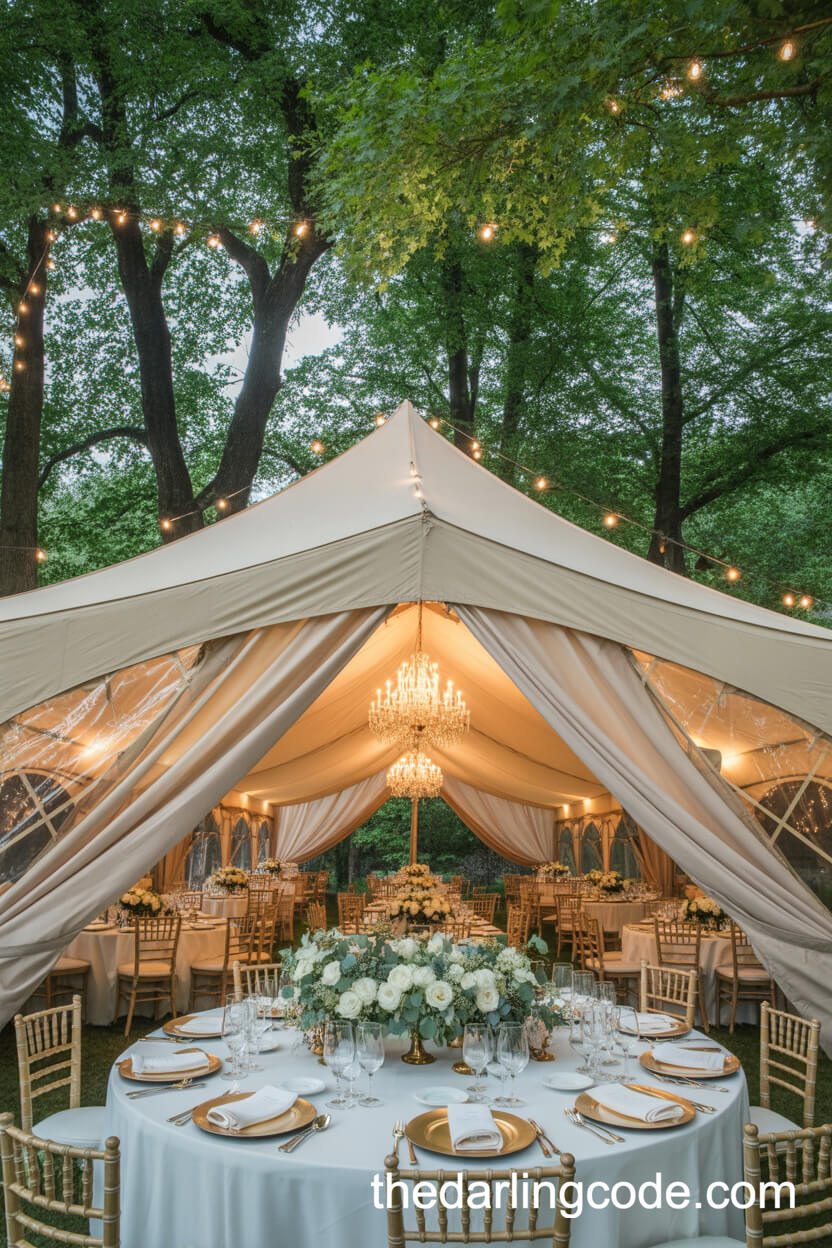 Ivory Draped Tent For Elegant Forest Wedding Celebrations