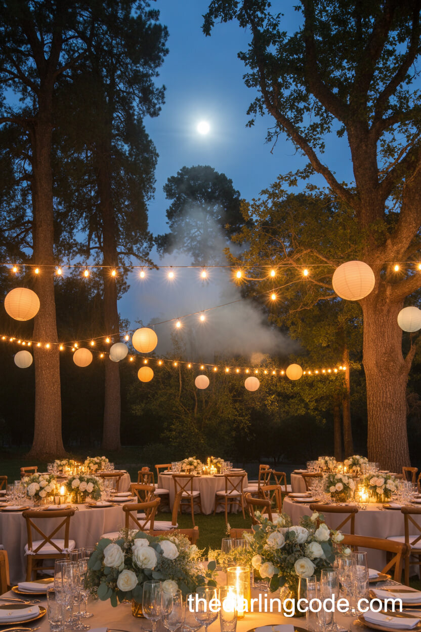 Moonlit Outdoor Forest Reception With Lanterns And Twinkle Lights