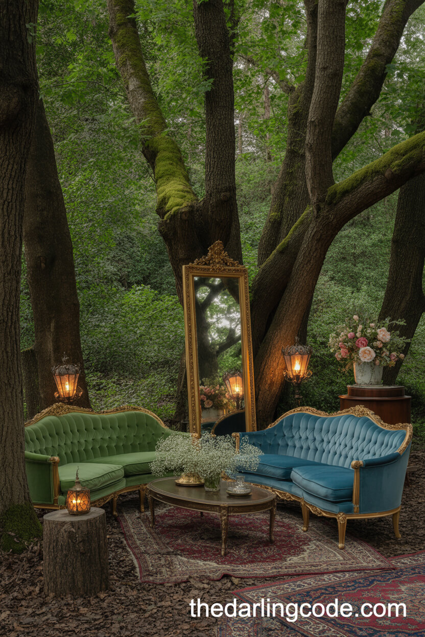 Vintage-Style Lounge Area For Forest Wedding Guests