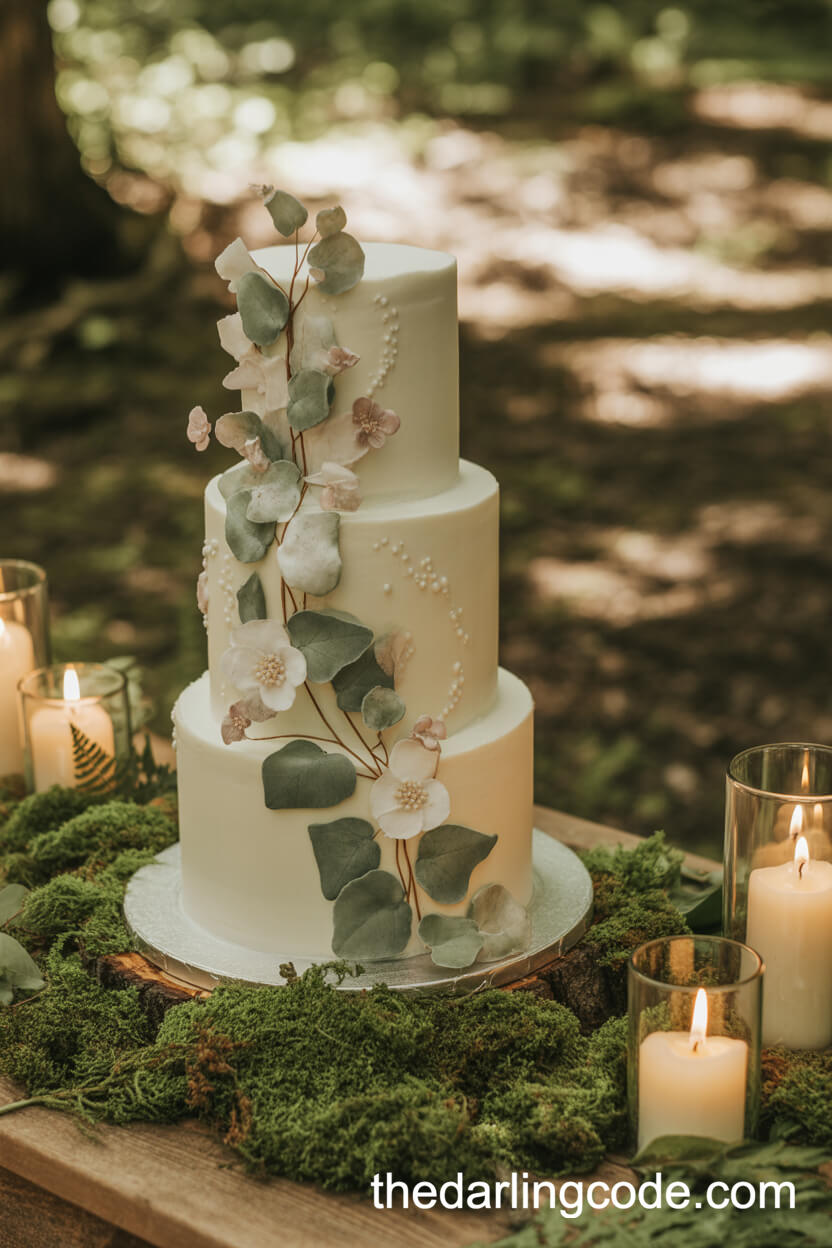 Botanical Three-Tier Wedding Cake Display In The Woods