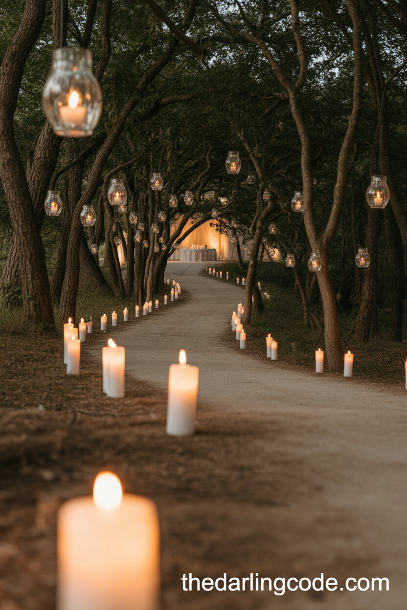 Candlelit Forest Pathway For A Magical Reception Entrance