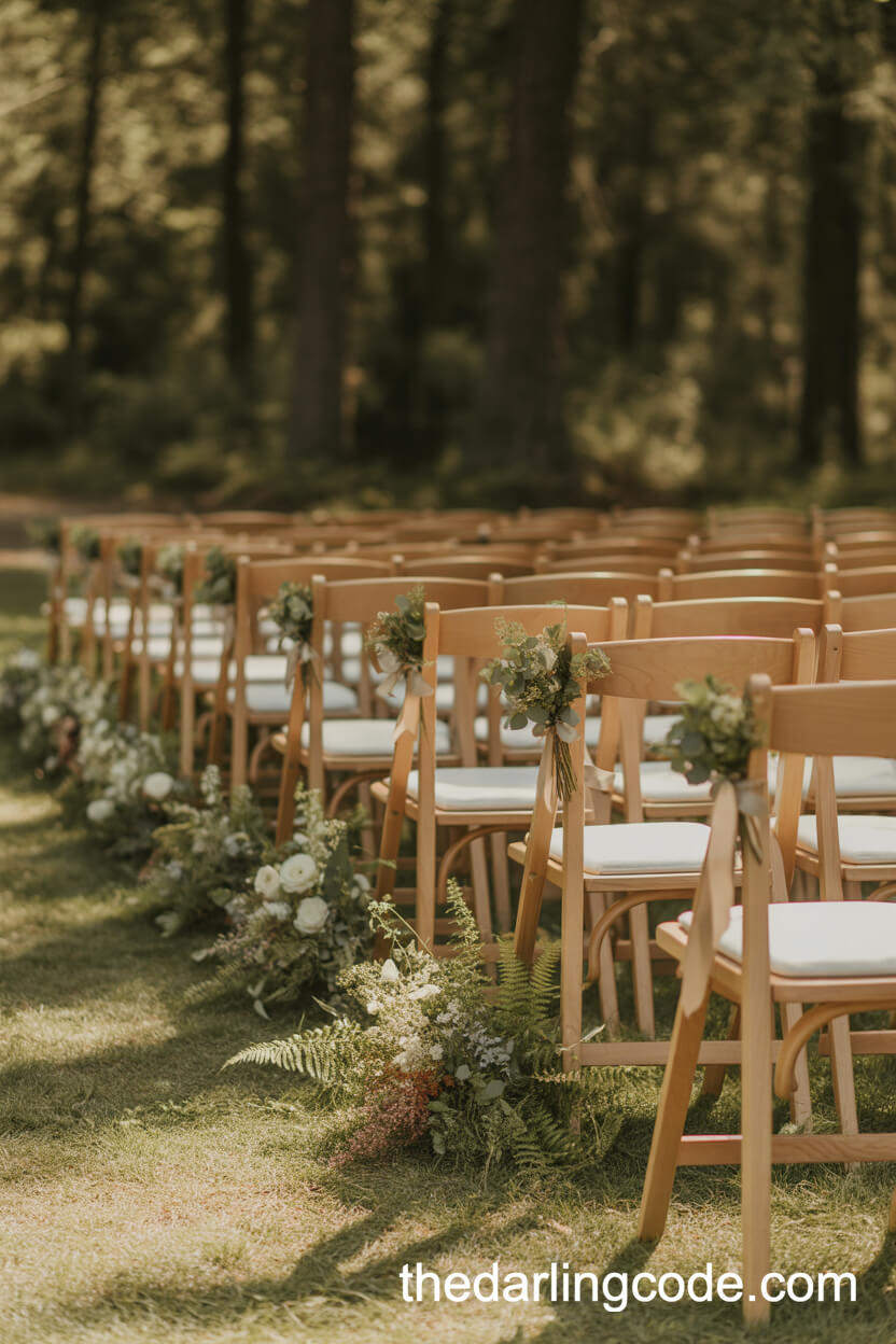 Decorated Ceremony Chairs With Fresh Greenery And Wildflowers