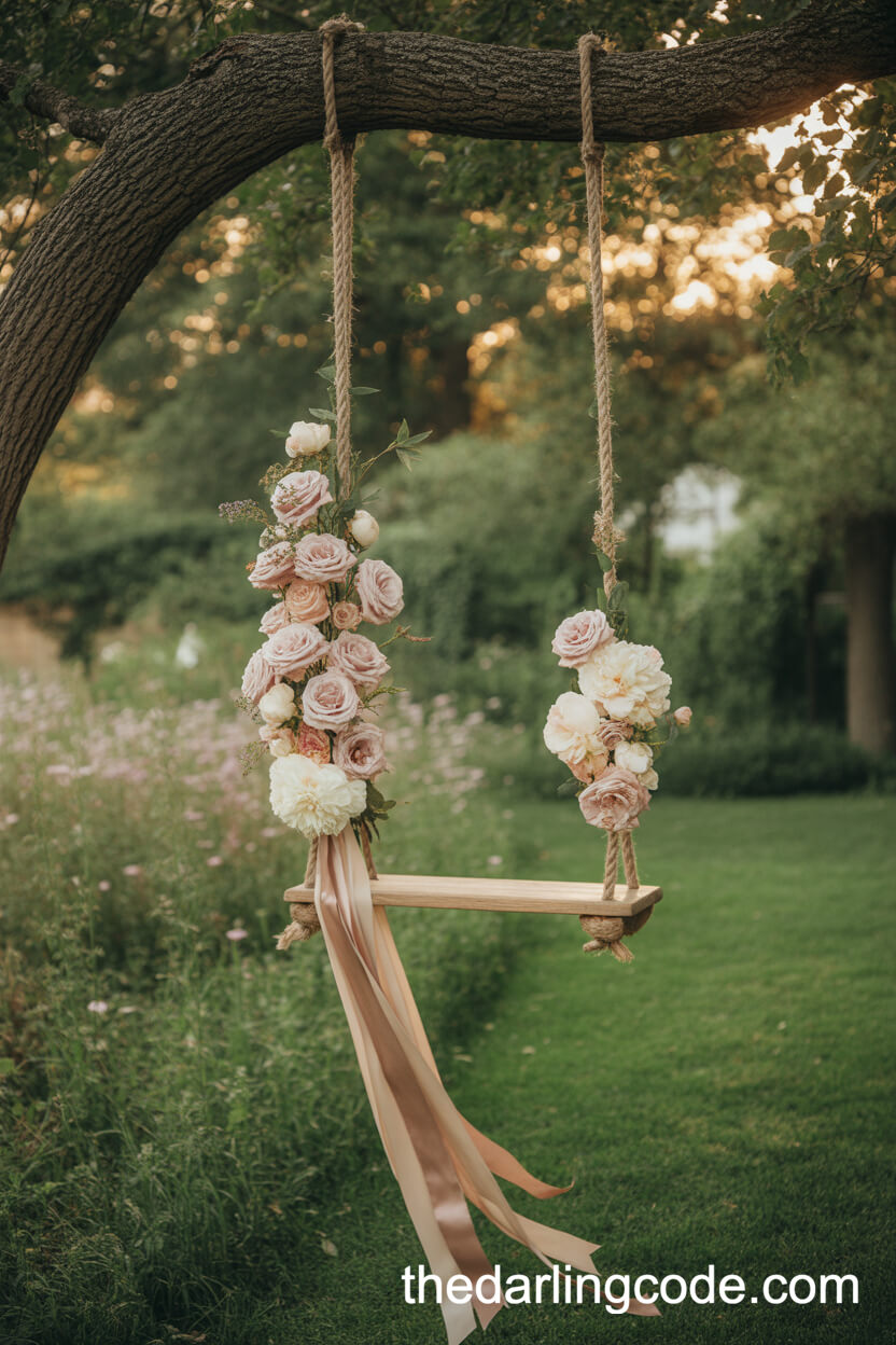 Floral-Decorated Wooden Swing For Garden Photos