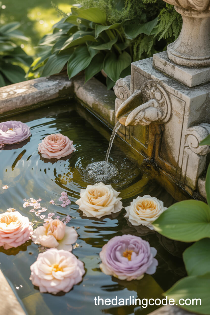 Floating Flower Petals In A Garden Fountain