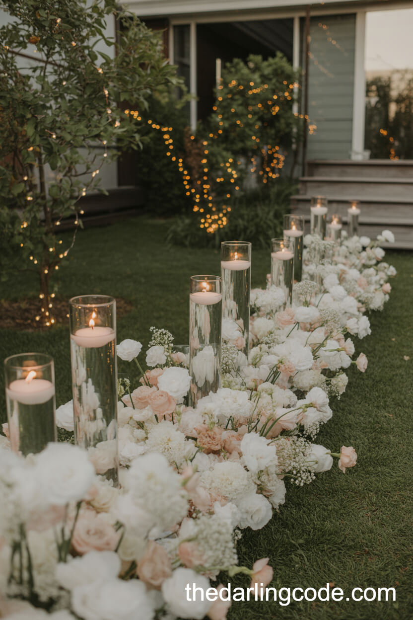 Magical Flower-Lined Aisle With Floating Candles