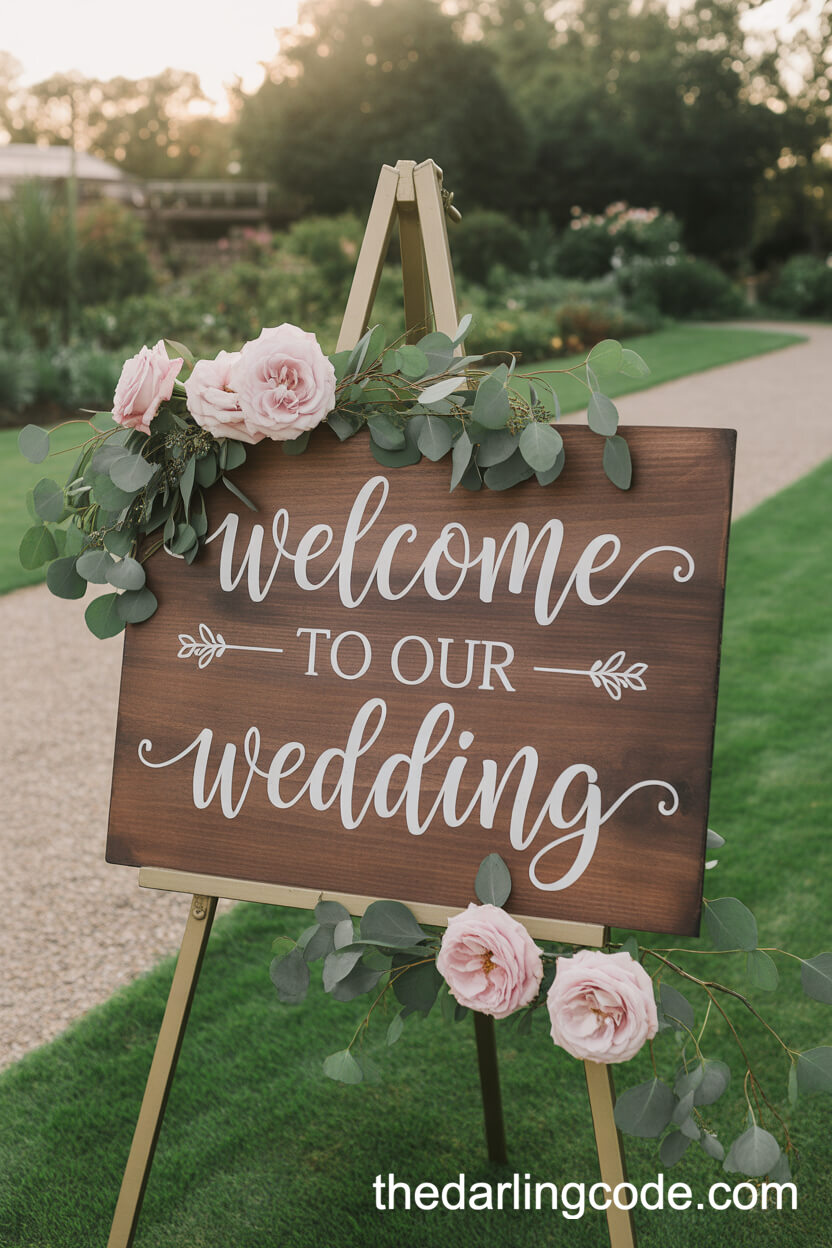 Vintage Wedding Welcome Sign Surrounded By Blooms