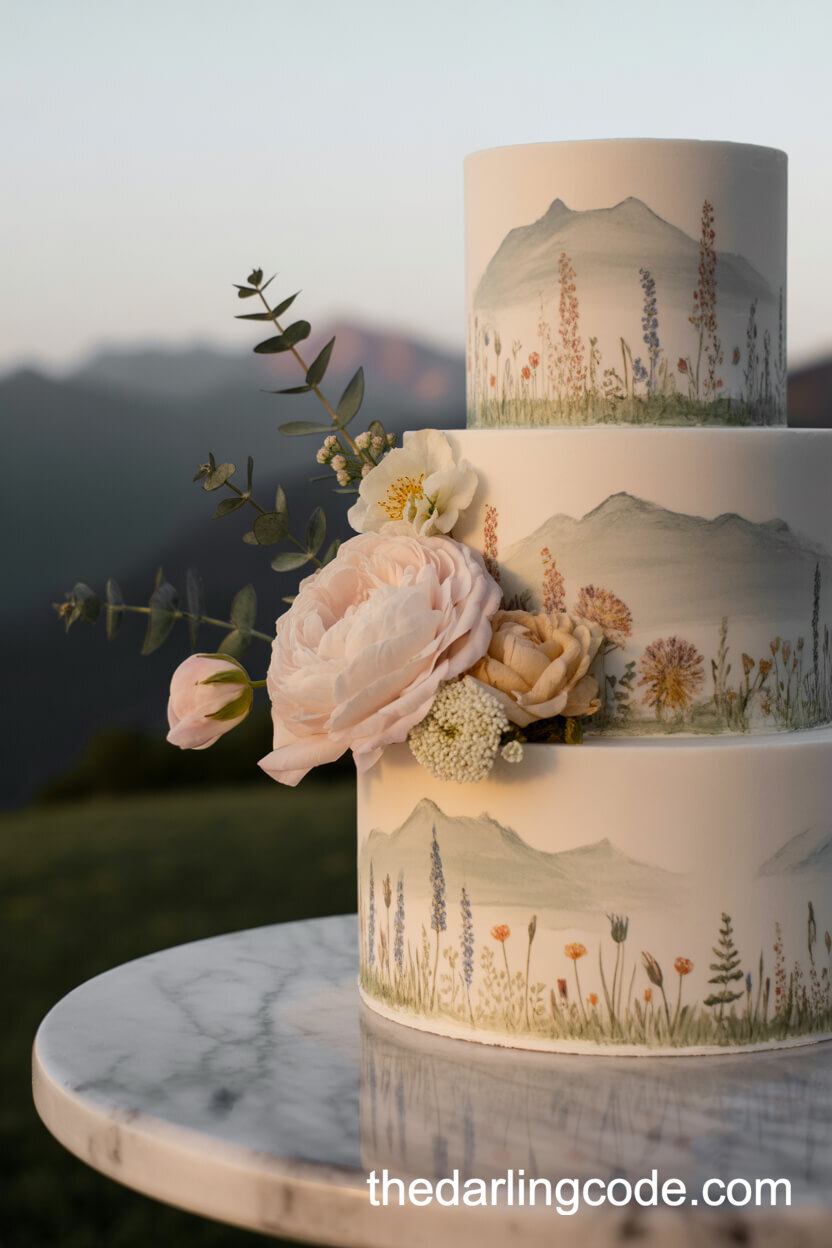Hand-Painted Mountain Wedding Cake Details
