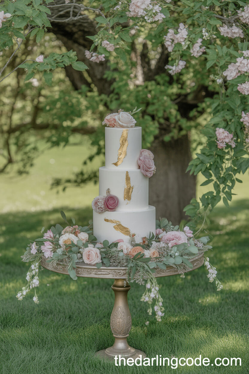 Floral Cake Display Under A Blooming Tree