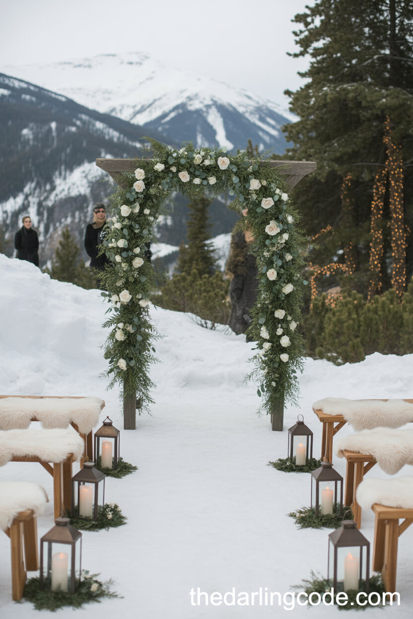 Cozy Winter Mountain Ceremony With Lanterns And Greenery