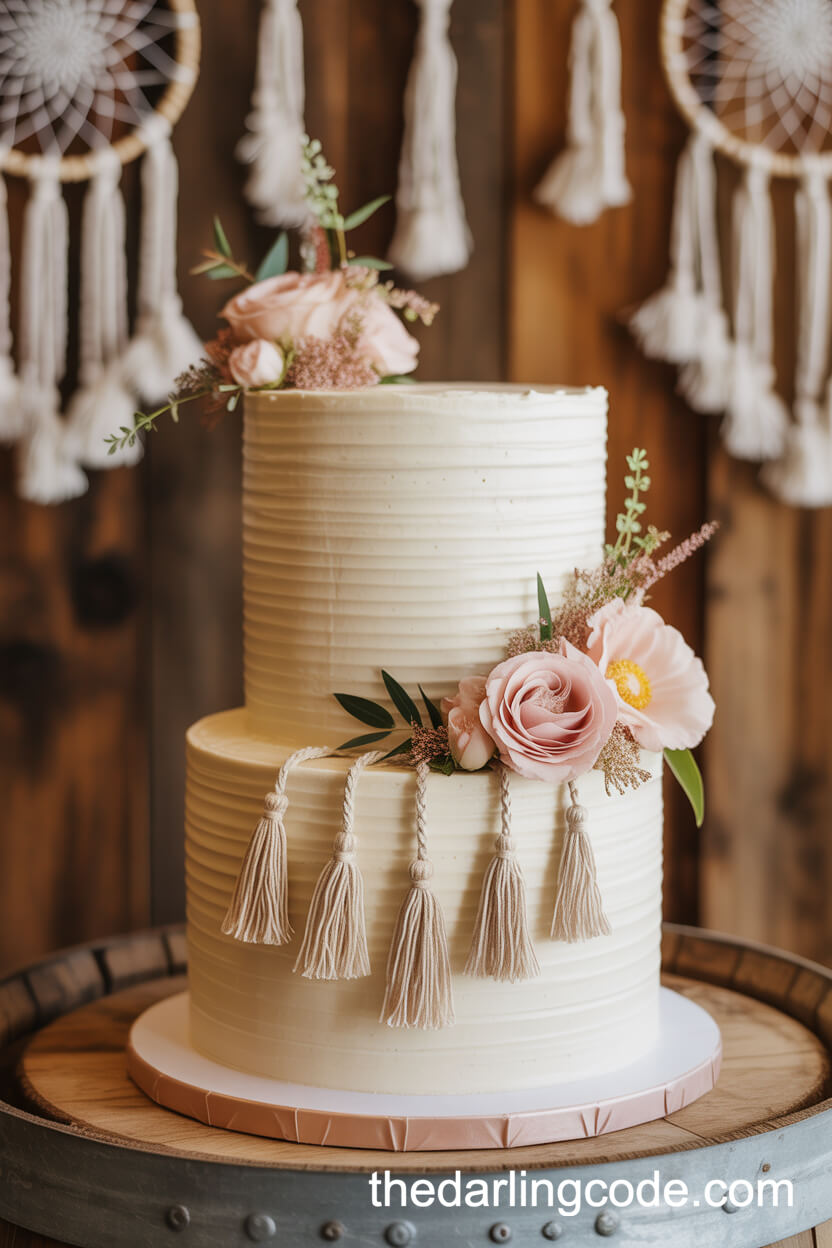 Boho Macramé Cake With Peach And Blush Florals