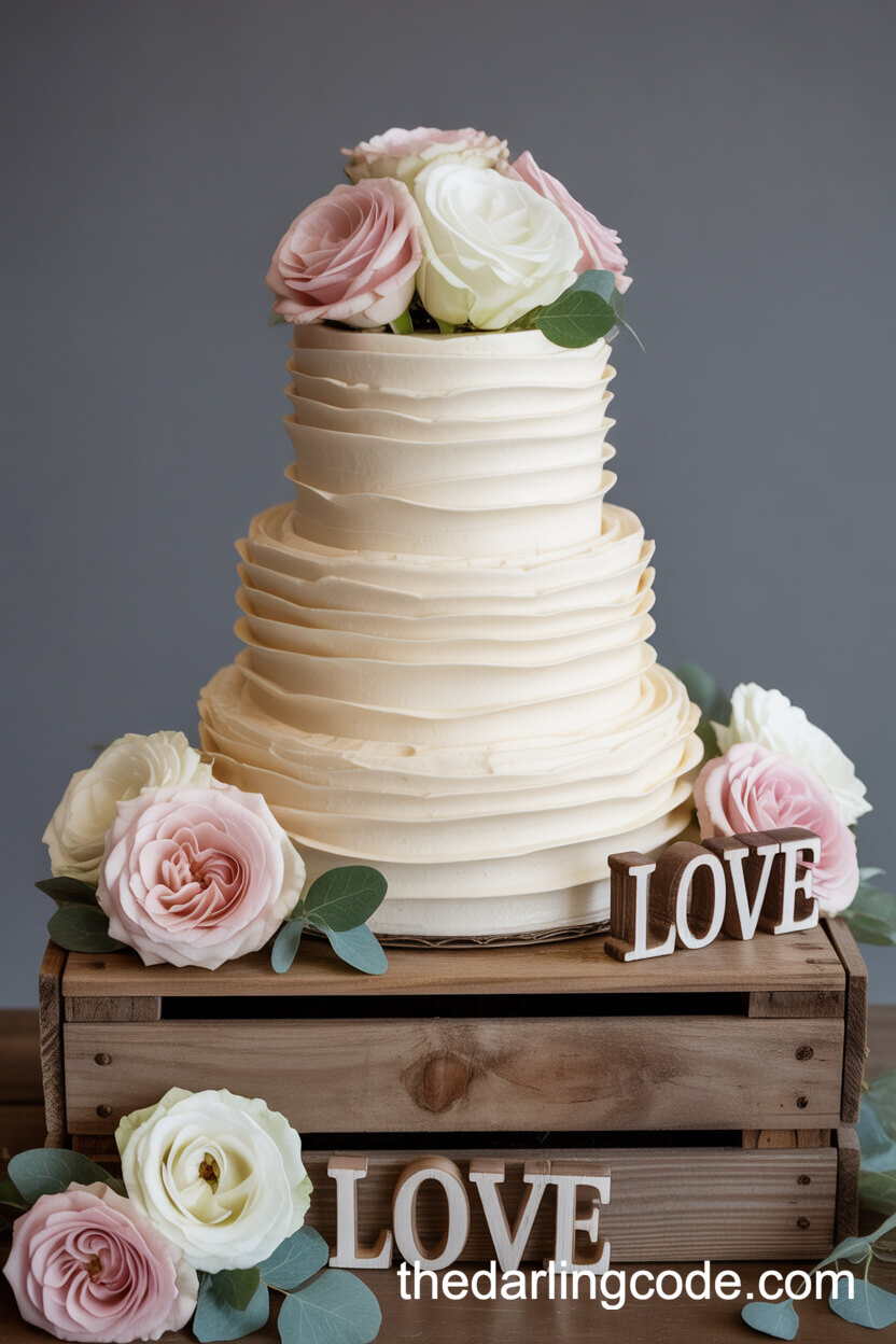 Ivory Buttercream Ruffle Cake With Fresh Roses