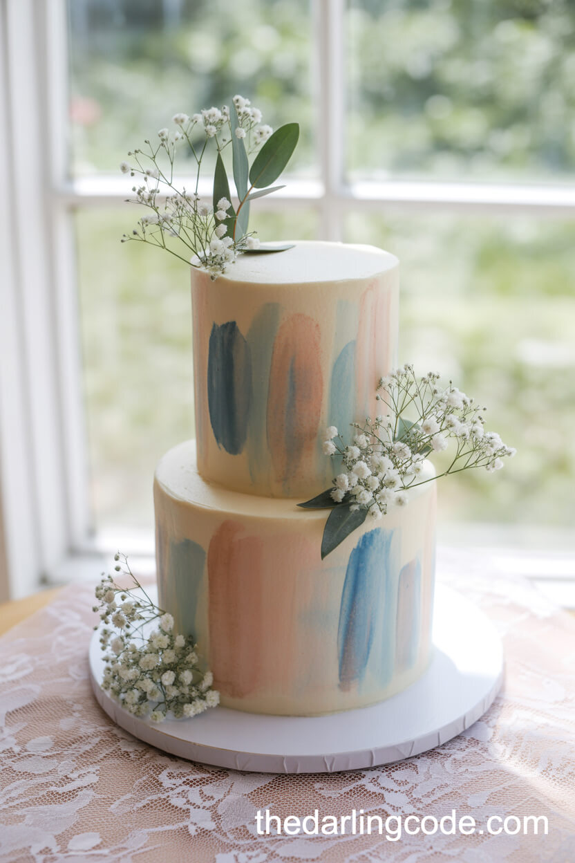 Pastel Watercolor Cake With Greenery And Baby’s Breath