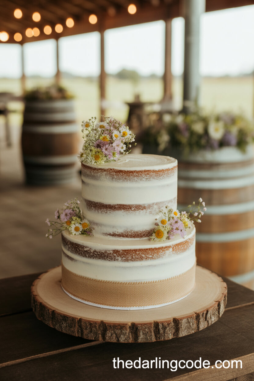 Semi-Naked Cake With Pastel Wildflowers And Burlap Ribbon