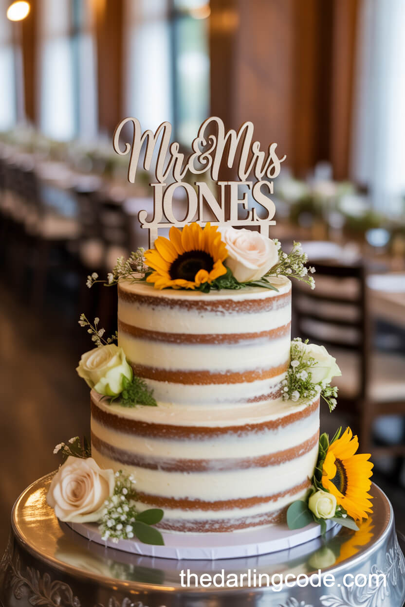 Semi-Naked Cake With Sunflowers And Personalized Topper