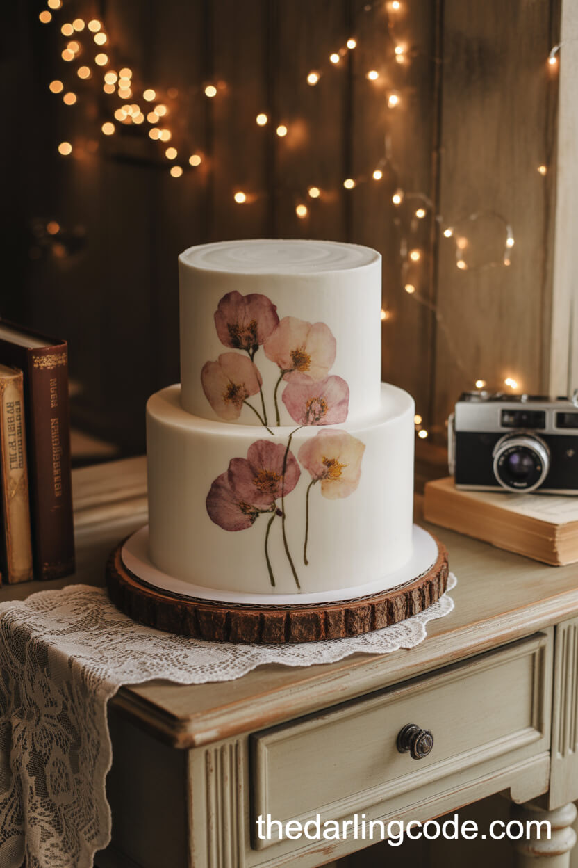 Pressed Edible Flower Cake On Antique Stand