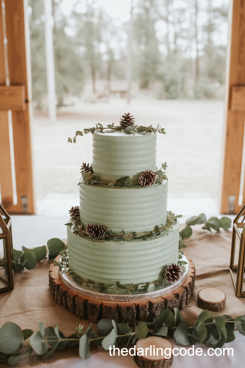 Sage Green Cake With Pinecones And Eucalyptus