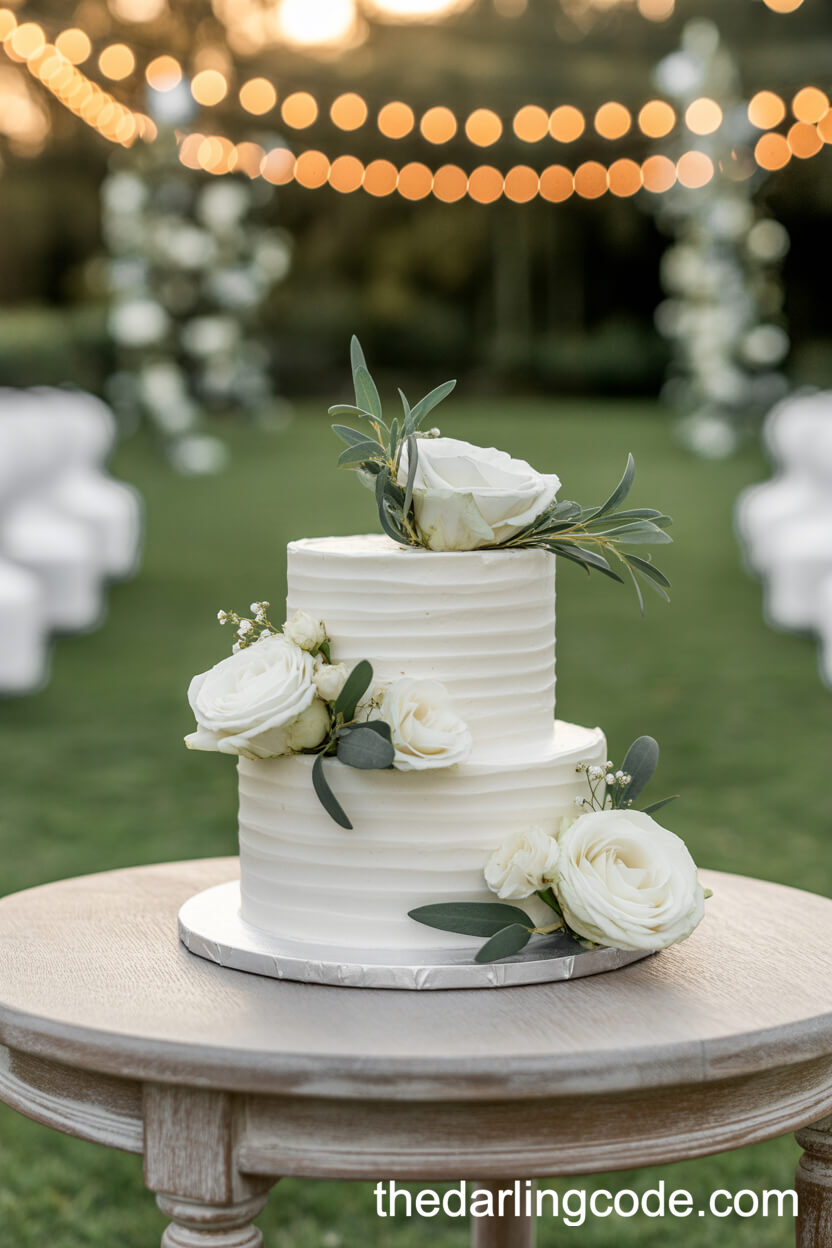 Two-Tier White Wedding Cake With Roses And Greenery