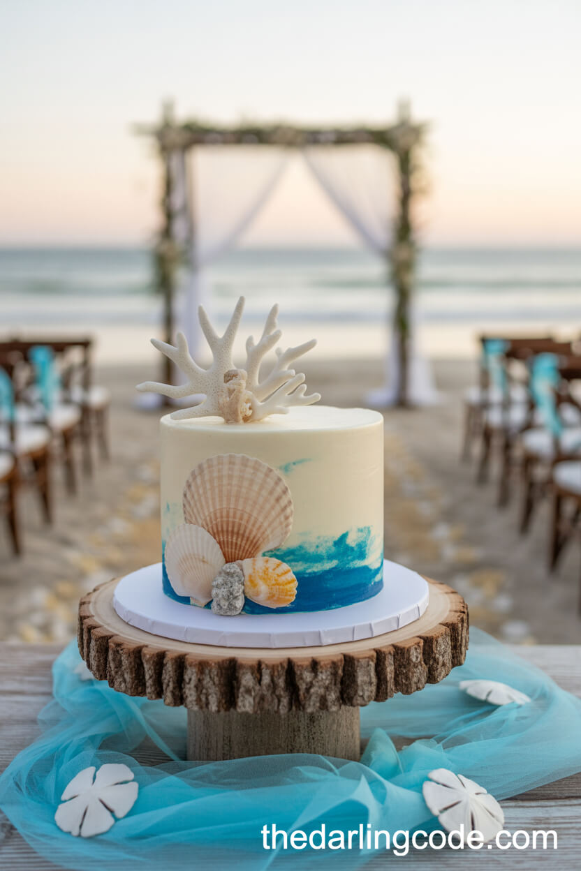 Ivory Seashell Wedding Cake With Blue Watercolor Accents