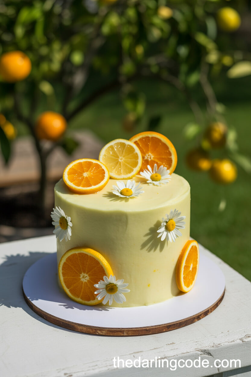 Citrus Buttercream Wedding Cake With Candied Oranges And Daisies