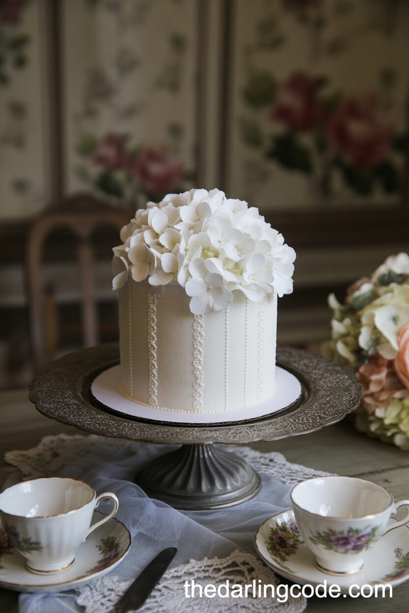 White Lace-Piped Wedding Cake With Sugar Hydrangeas