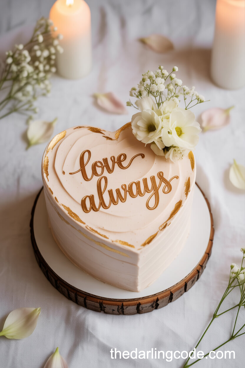 Heart-Shaped Blush Wedding Cake With Gold Leaf And Flowers