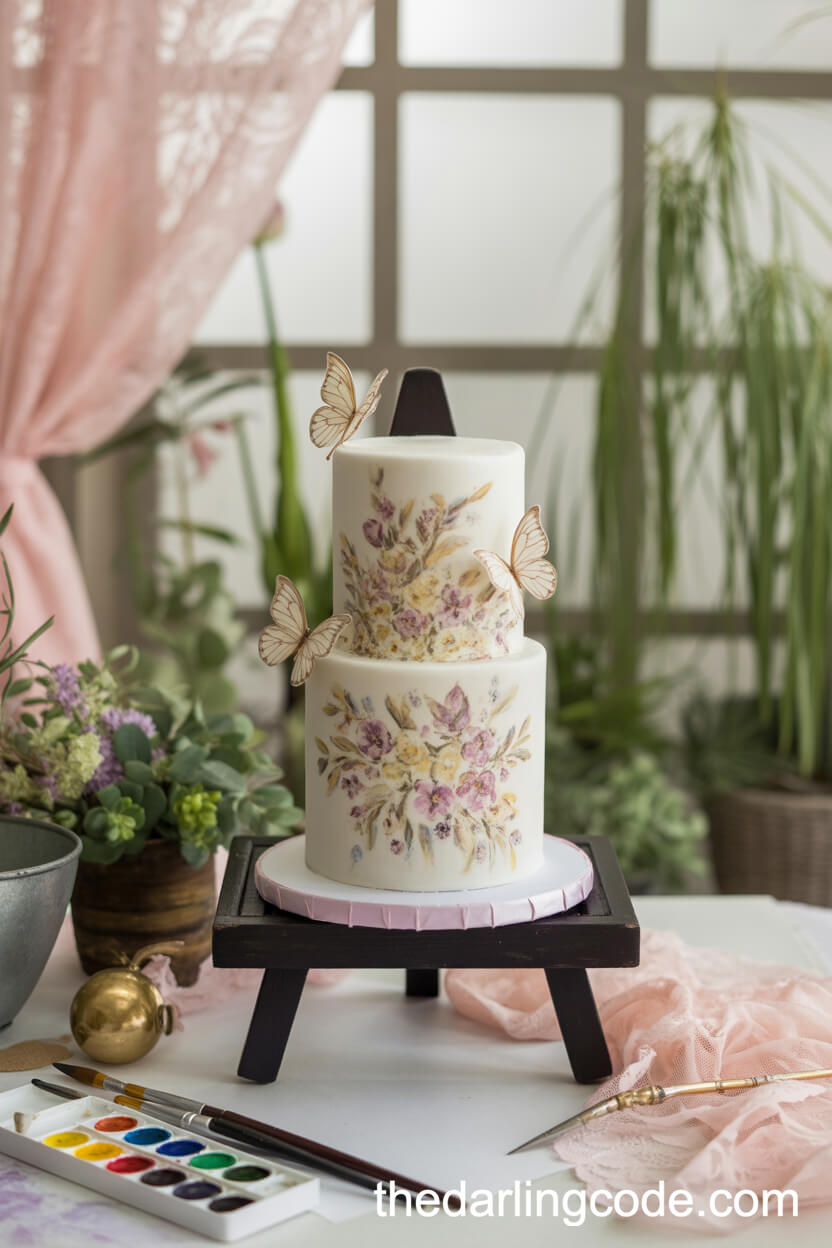 Miniature Wedding Cake With Hand-Painted Florals And Butterflies