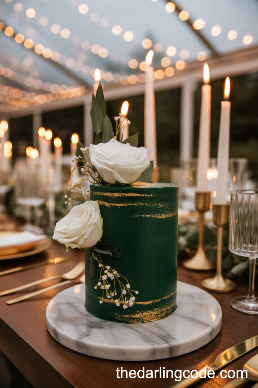 Emerald Green Velvet Wedding Cake With Gold And White Roses