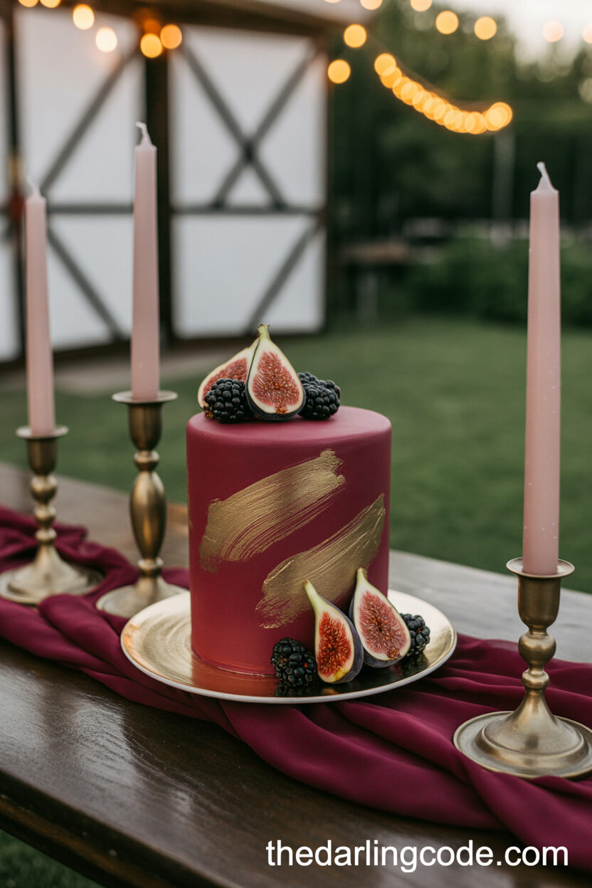 Burgundy Fondant Wedding Cake With Gold And Seasonal Fruits