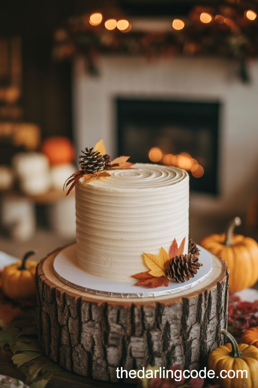 Rustic Buttercream Wedding Cake With Fall Leaves And Pinecones