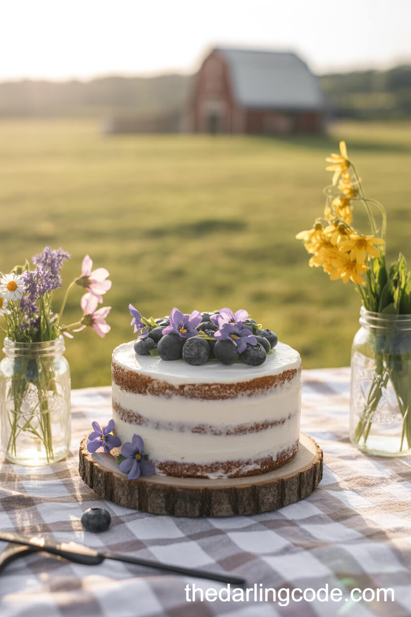 Rustic Cream Cheese Wedding Cake With Blueberries And Violets