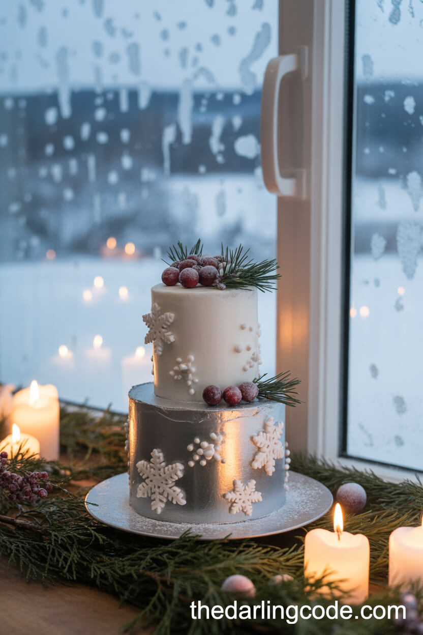 White And Silver Winter Wedding Cake With Edible Snowflakes