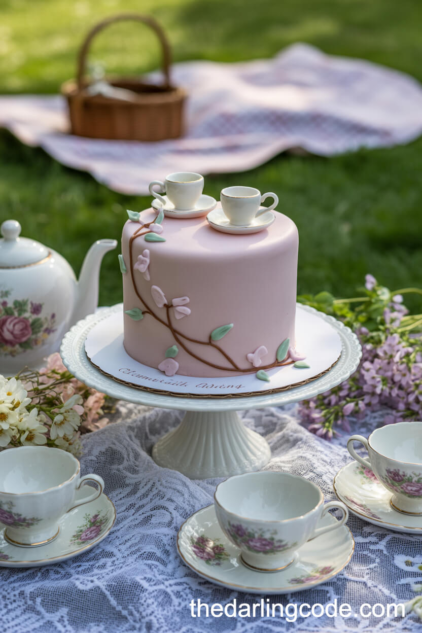 Pastel Fondant Wedding Cake With Sugar Teacups And Floral Vines