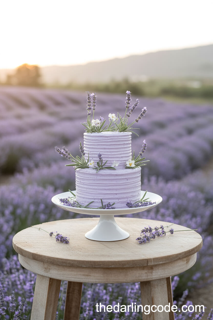 Lavender Wedding Cake With Fresh Lavender And White Flowers