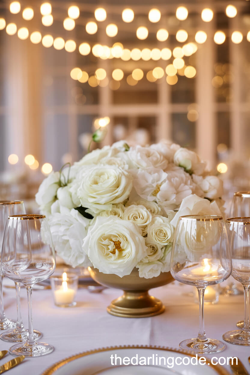 Elegant White Roses And Peonies In A Gold Urn Centerpiece