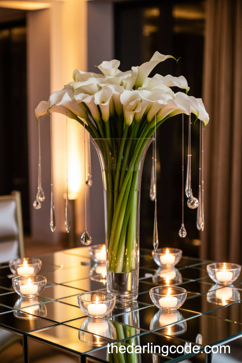 Tall Calla Lilies And Hanging Crystals For A Glamorous Centerpiece