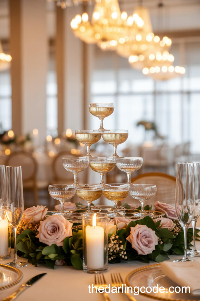 Champagne Pyramid Surrounded By Roses And Candles