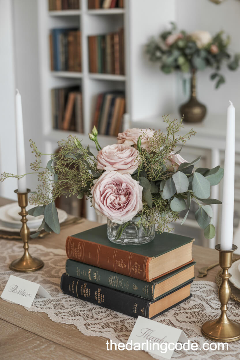 Antique Books And Blush Roses For A Literary-Inspired Centerpiece