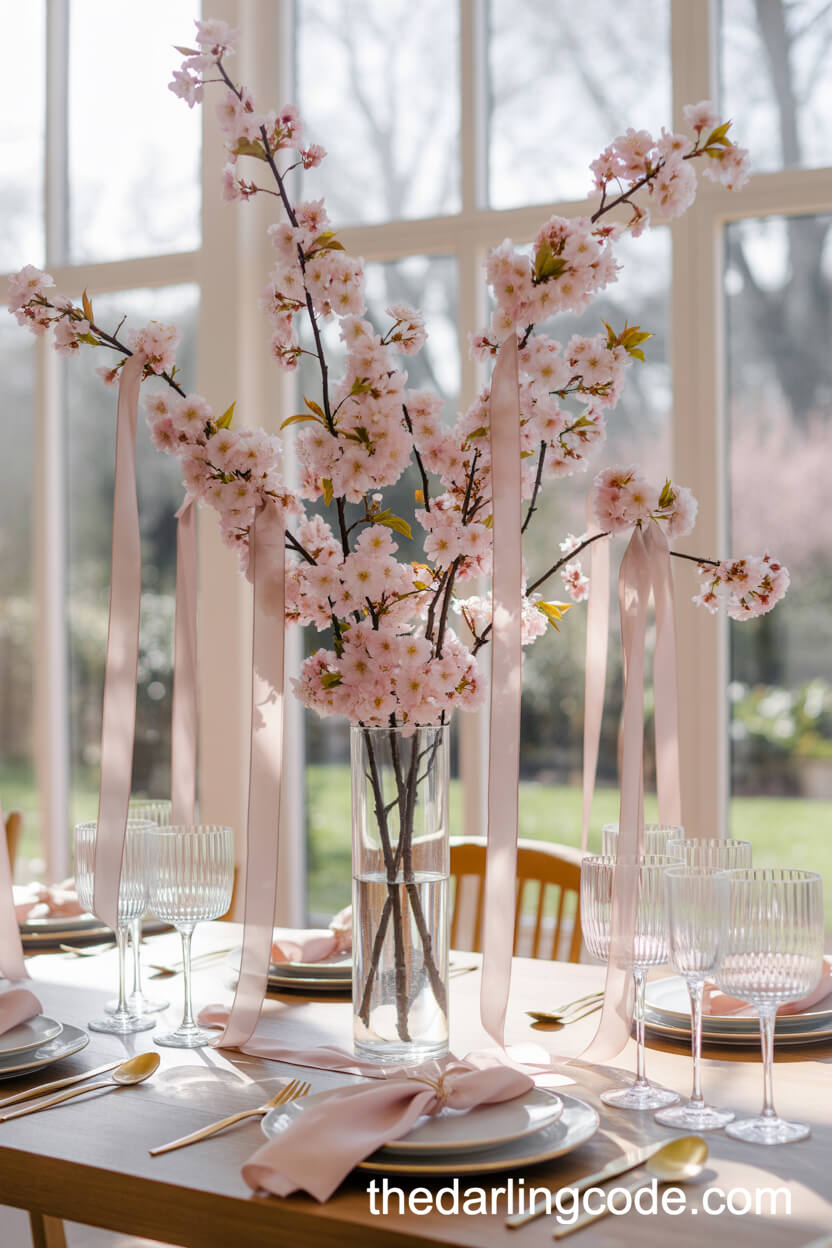 Cherry Blossoms And Silk Ribbons In A Spring Wedding Centerpiece