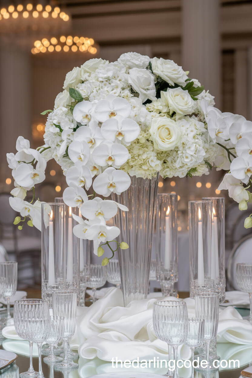 All-White Florals And Orchids In A Formal Tall Vase Centerpiece