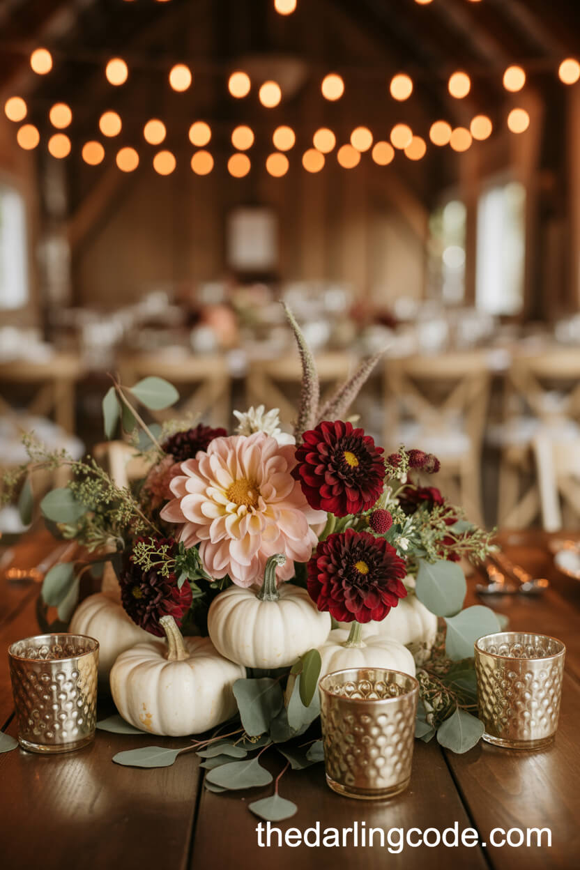 White Pumpkin And Dahlia Harvest Wedding Centerpiece