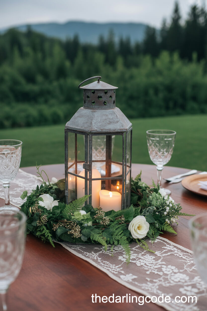 Vintage Lantern And Ivy Wreath For An Outdoor Table Centerpiece