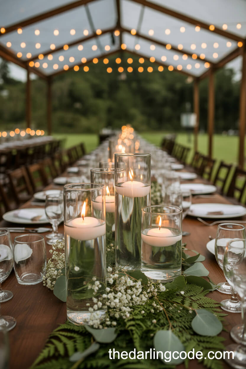 Rustic Eucalyptus, Fern, And Floating Candle Wedding Centerpiece