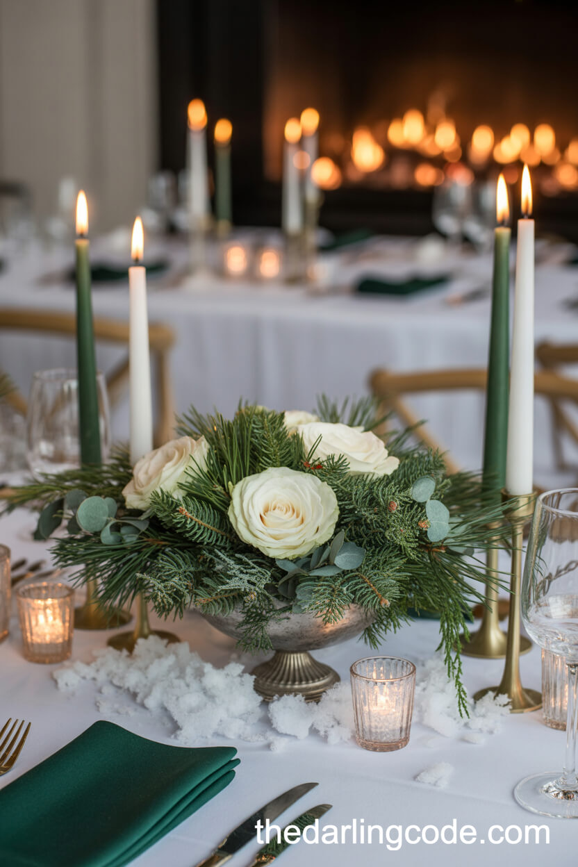 Winter Pine, Cedar, And Snow-Dusted Roses In A Silver Centerpiece