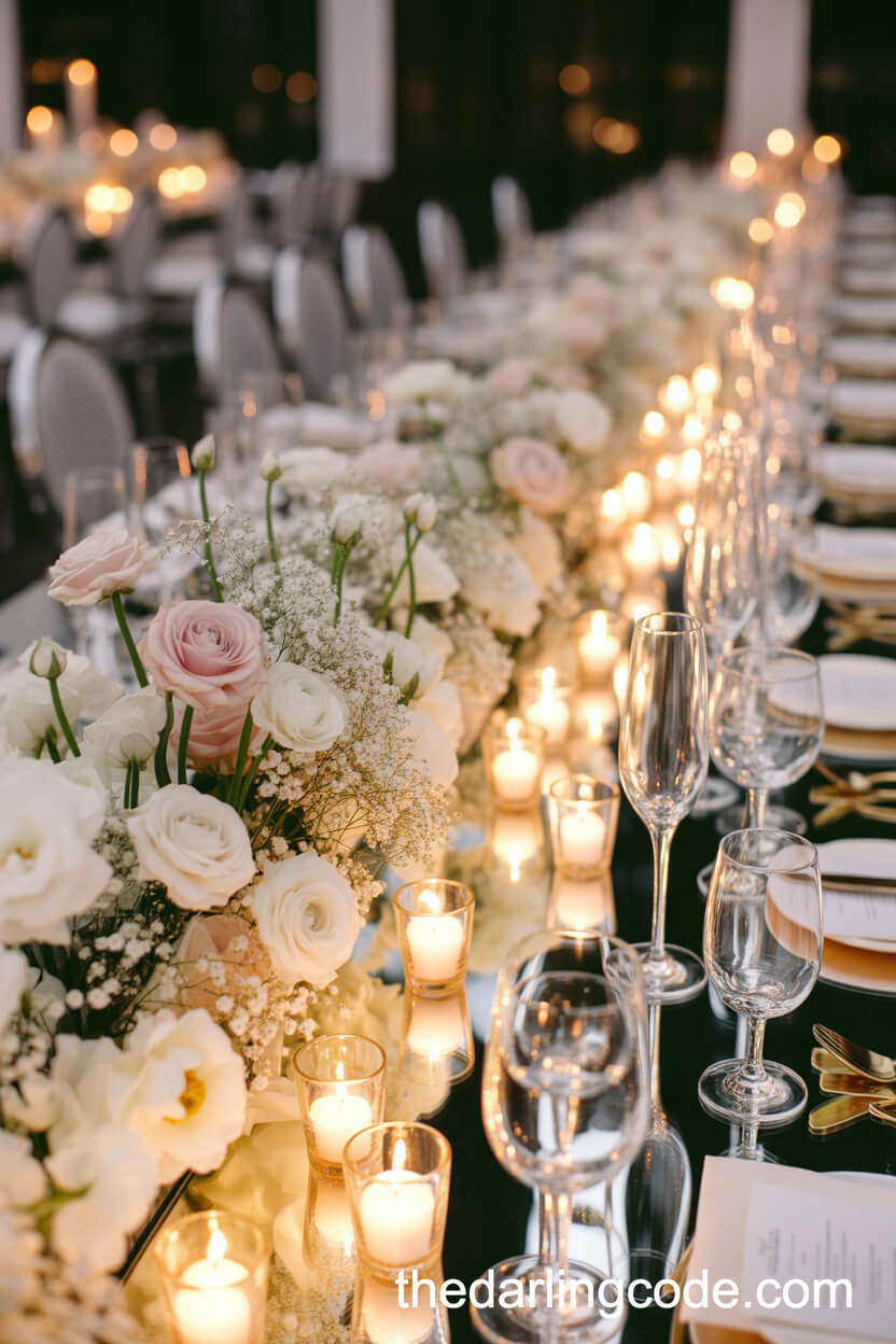 Mirrored Table Runner With Roses And Ranunculus Centerpiece