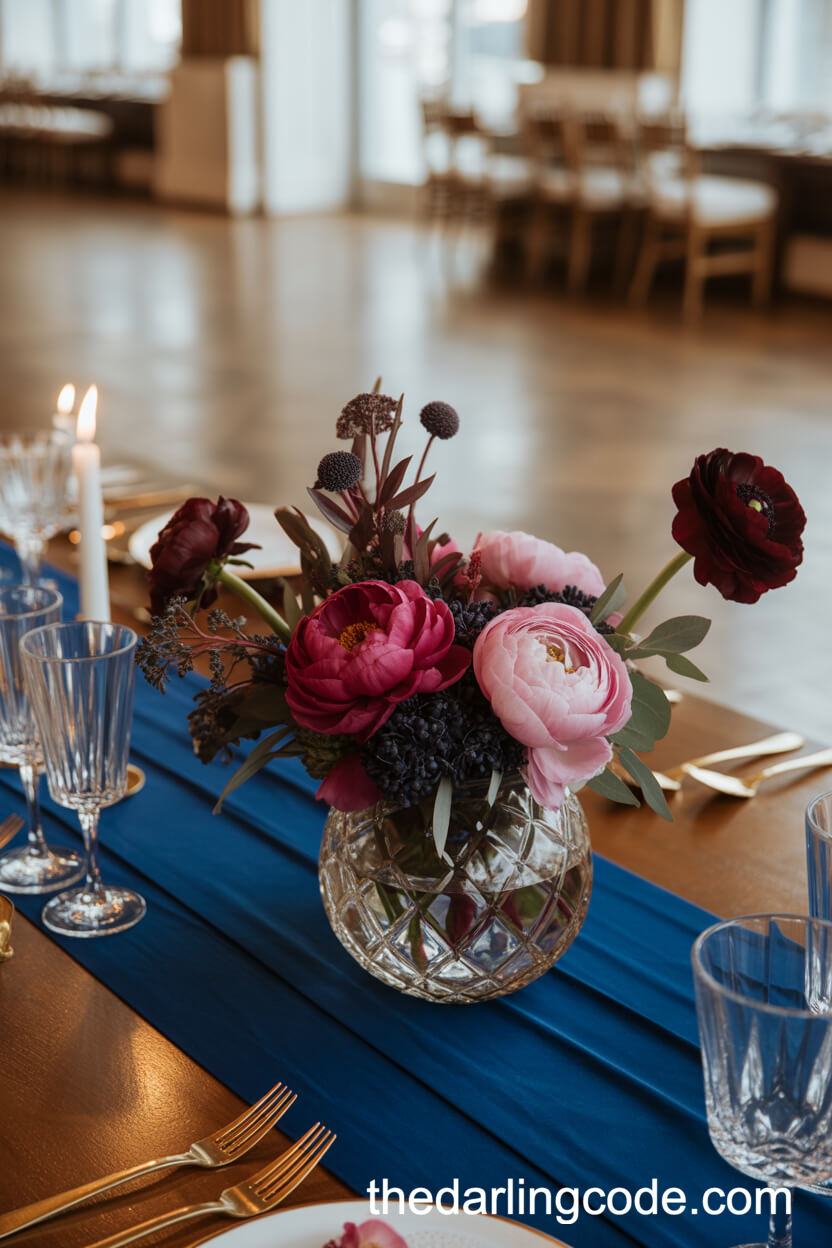 Opulent Burgundy, Pink Peonies, And Dark Greenery In Cut-Glass