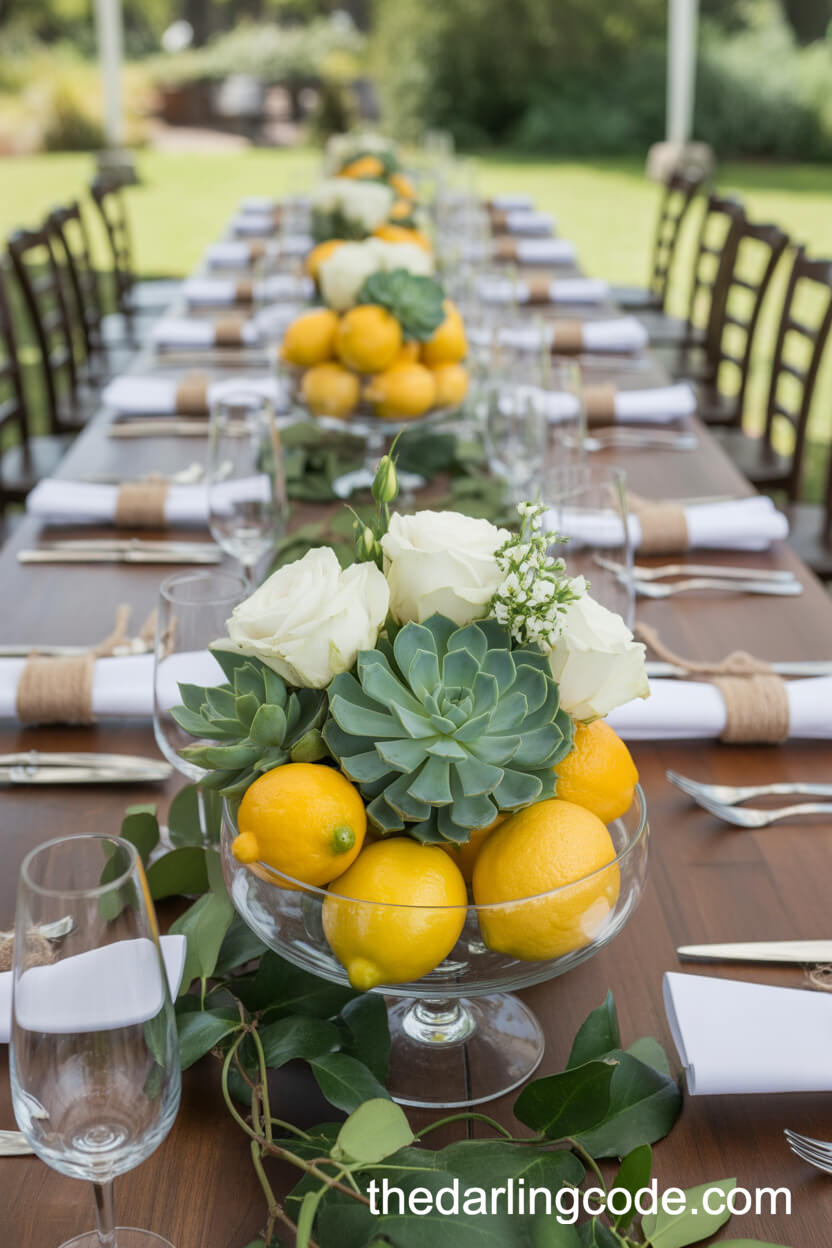 Fresh Lemons, Succulents, And White Roses In Farmhouse Centerpiece
